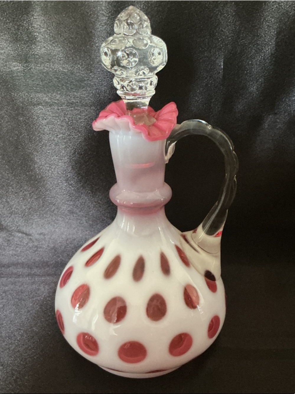 Vintage Fenton White and Pink Art Glass Cruet with Stopper